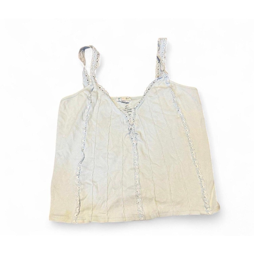 Y2K IVY Women's Large Blue Lace Trim Corset Lace Up Cami Tank Top Fairy